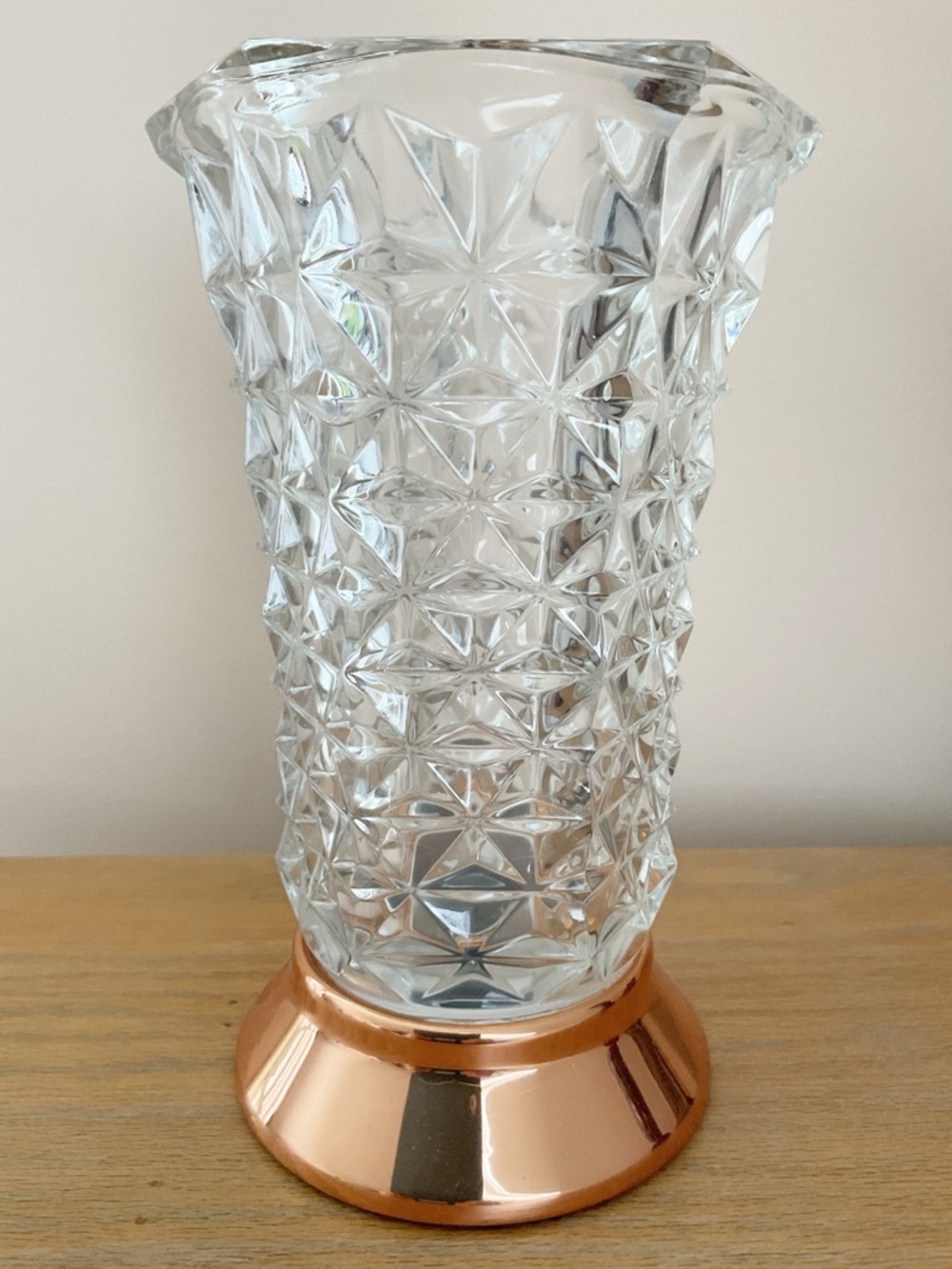 Vintage Glass Vase Copper Tone Base Diamond Cut MCM Decor